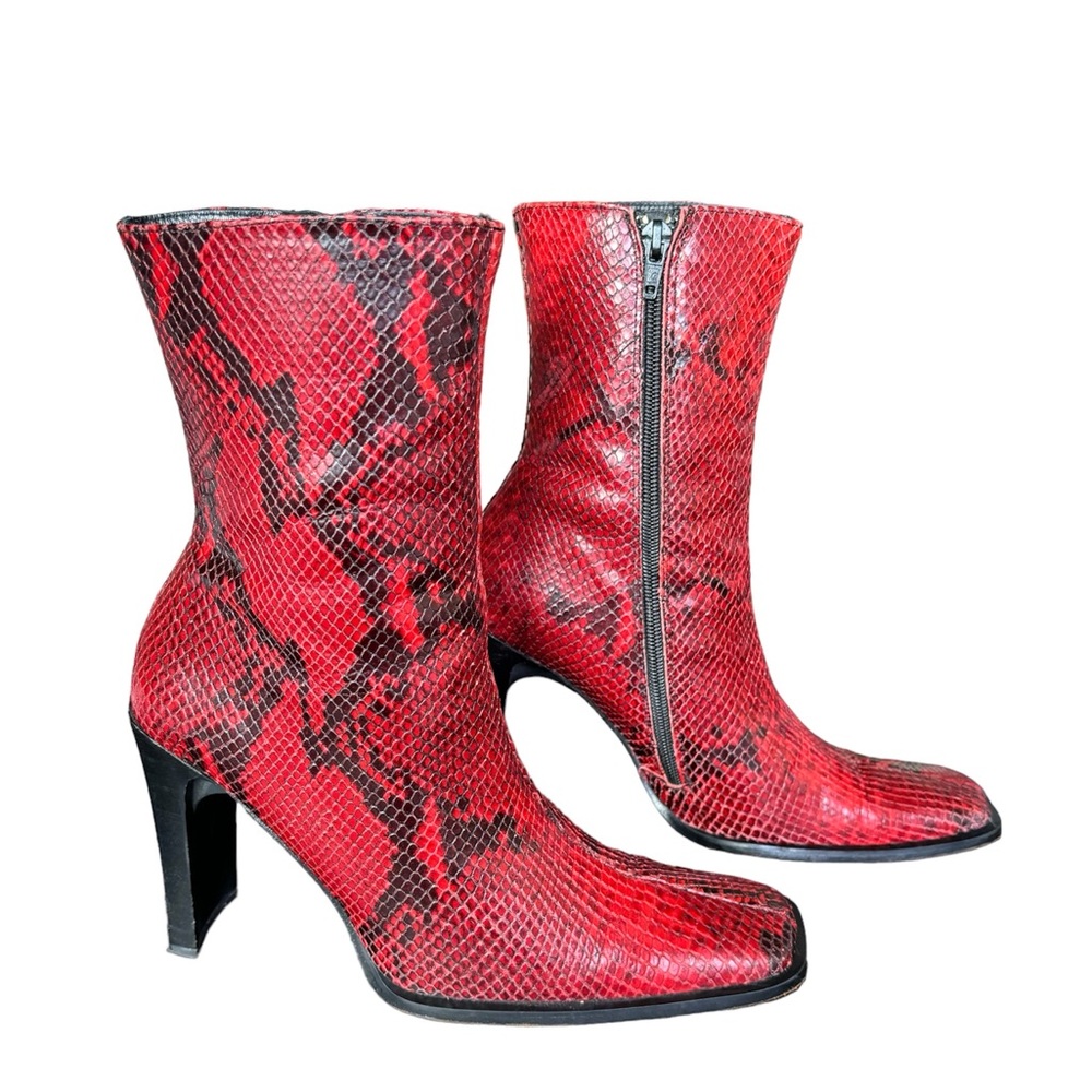 Vintage Charles David Red Genuine Python Square Toe Boots